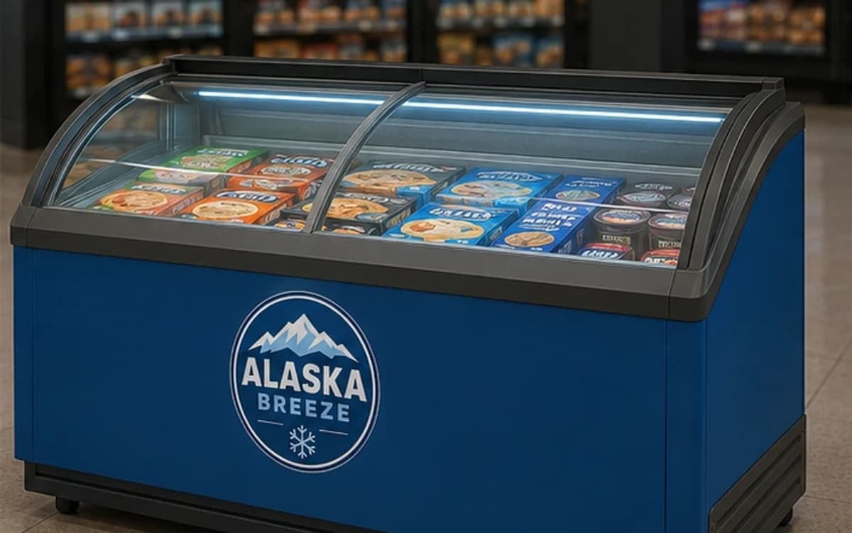 Alaska Breeze commercial display freezer stocked with frozen goods
